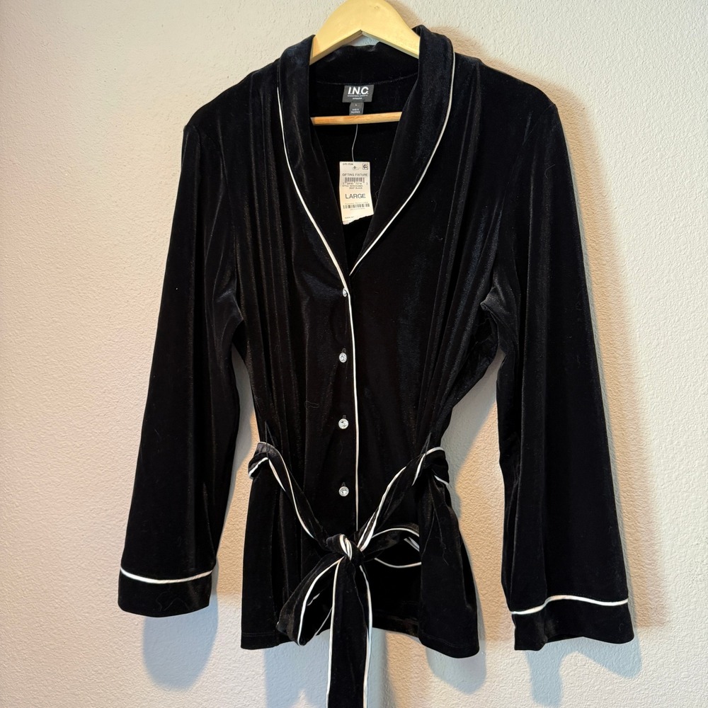 INC International Concepts Black Velvet Pajama Top Rhinestone Buttons NWT Large